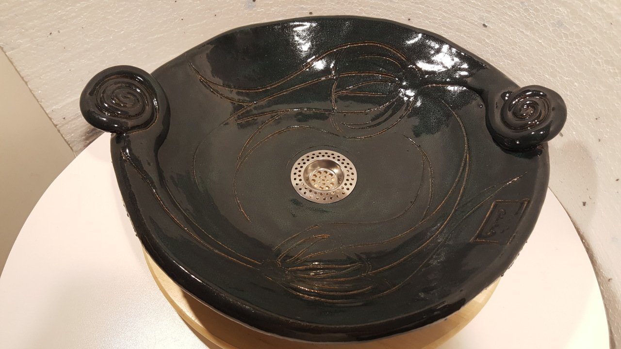 El Yapımı Seramik Lavabo - Çift Lale Dekorlu