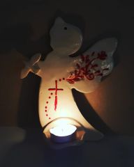 Beyaz Melek Duvar Tea Light Mumluk Kırmızı Haç Dekorlu