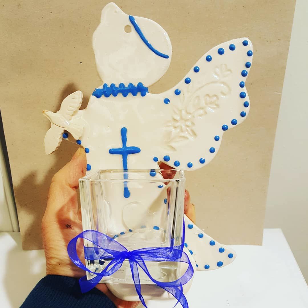 Beyaz Melek Duvar Tea Light Mumluk Mavi Haçlı