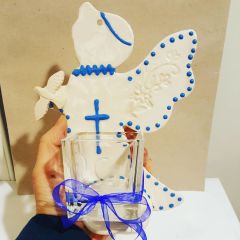 Beyaz Melek Duvar Tea Light Mumluk Mavi Haçlı